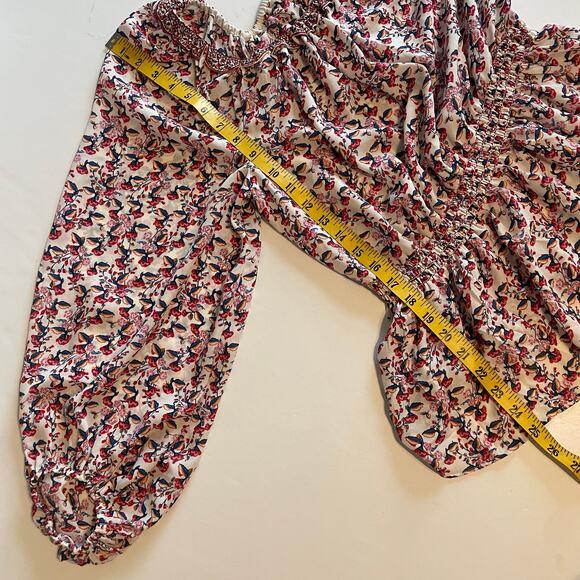 Max Studio Floral Blouse Womens Large Cream Red Smocked Waist Peplum Top - Picture 11 of 12